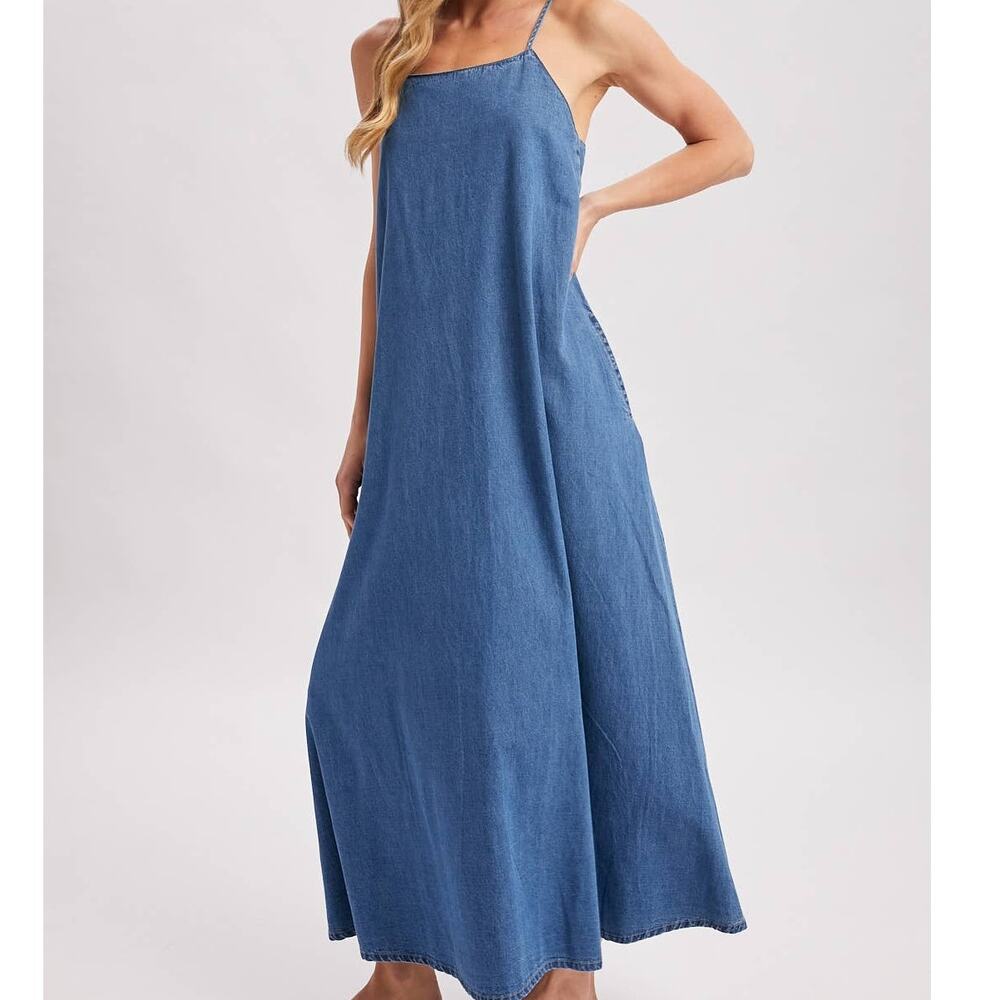 Denim Chambray Open Back Maxi Dress - Sleeveless Tent Dress with Pockets - Picture 9 of 10